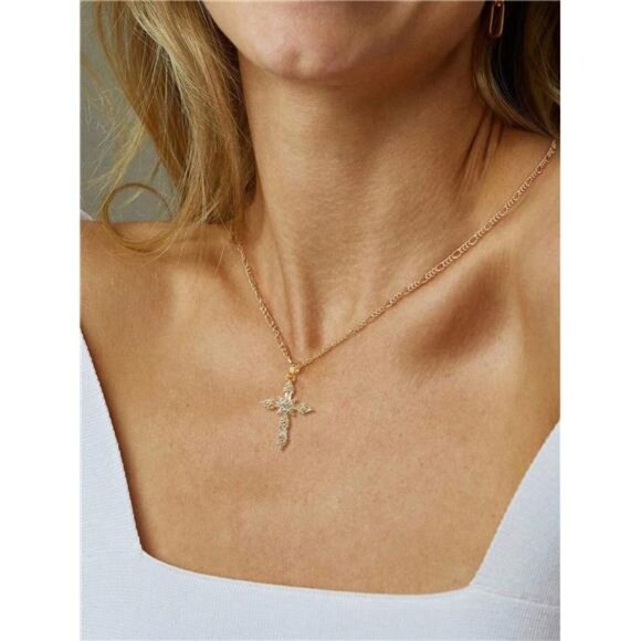 14K Gold Plated  Cross Pendant Necklace Dainty Gold - Picture 2 of 13